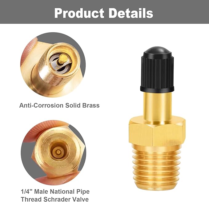 GODESON 1/4" NPT Tank Valve, Anti-Corrosion Brass Schrader Valve with 1/4" Male NPT,Using with Air Compressor Tanks with Sealing Caps (Pack of 2)