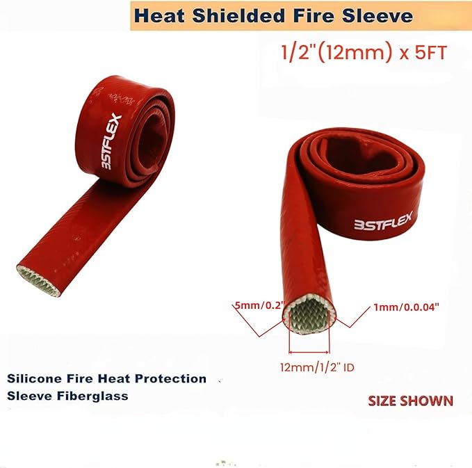 1/2"(12mm) ID Heat Shielded Fire Thermo Armor Fire Sleeve Silicone Coated Fiberglass for Automotive Hose Lines & Electrical Wiring Red, 5 feet