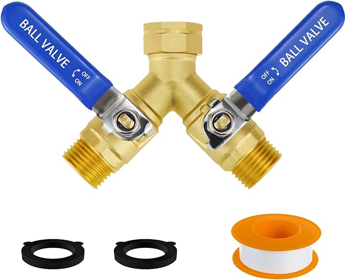 Brass Hose Splitter 2 Way Heavy Duty GHT 3/4 Garden Hose Y Splitter with Shut off Valves, Full Flow Hose Bib Splitters Dual Hose Diverter Connector for Outdoor Faucet/Water Spigot