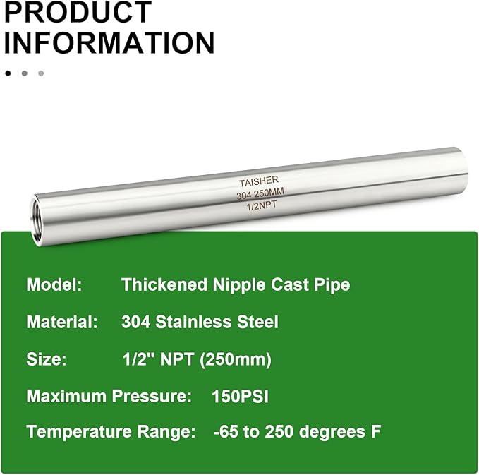 TAISHER 2PCS Stainless Steel Pipe Fittings, 1/2" NPT Female x 1/2" NPT Female Threaded, 10" Length Thickened Nipple Cast Pipe