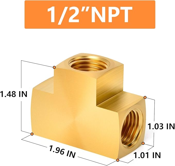 GASHER 3 Pcs Brass Barstock Tee, 1/2" x 1/2" x 1/2" NPT Female Pipe Fittings