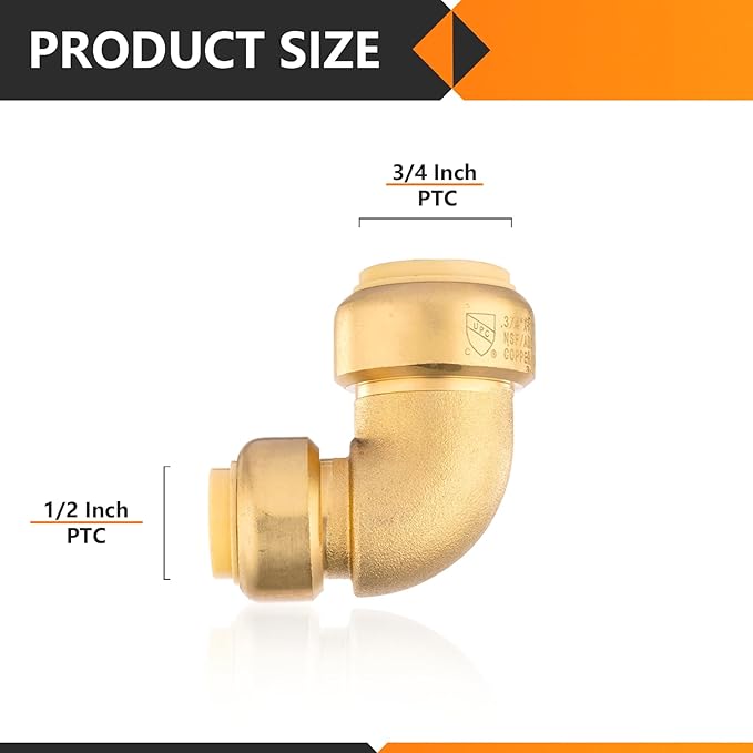 50-Pack HeSun Pushfit 90 Degree Elbow, 3/4"x1/2" Push to Connect Plumbing Fittings with Disconnect Clips, Brass Push-fit Fittings for PEX, Copper, CPVC, PE-RT Pipes(PF052-50)