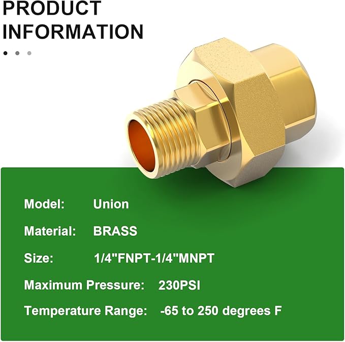 TAISHER 1PCS Brass Union，1/4" NPT Male x 1/4" NPT Female Brass Pipe Fitting