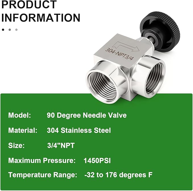 TAISHER 1PCS 304 Stainless Steel 90 Degree Needle Valve 3/4" NPT Female For Flow Control Water Gas Oil