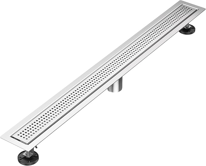 36 inch Linear Shower Drain with Square Hole Pattern Grate Cover, Brushed 304 Stainless Steel Bonding Flange Linear Drain, Low Profile Linear Shower Drain with Hair Strainer