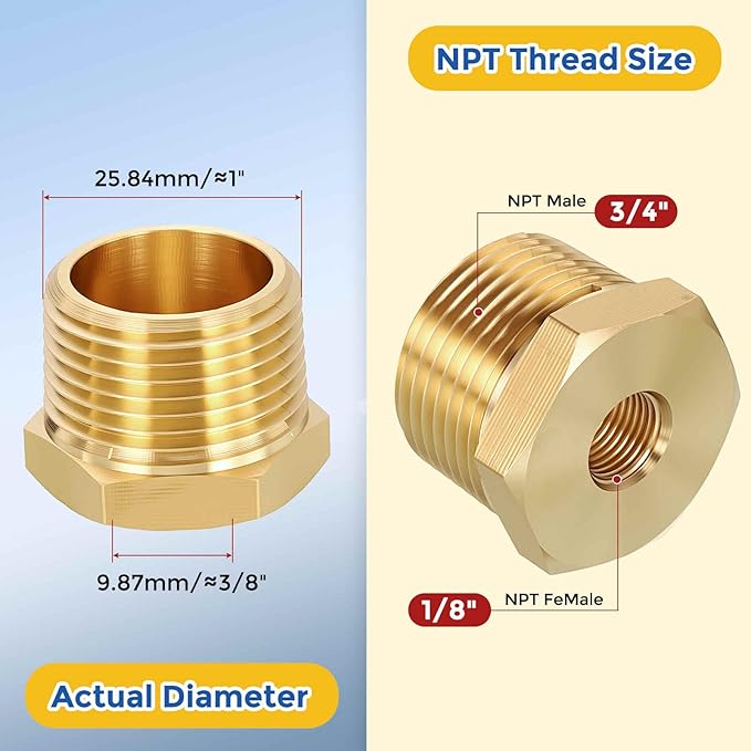 5 Pack Brass Pipe Fittings, 3/4" NPT Male to 1/8" NPT FeMale Brass Hex Bushing Reducer, Hose Tube Threaded Adapter for Air, Oil, LP