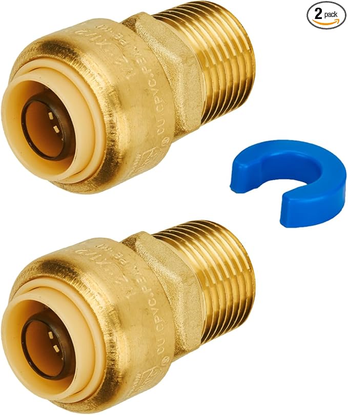 SUNGATOR 1/2 Inch Male Adapter, 1/2 Inch MNPT Adapter, No Lead Brass Push-to-Connect Plumbing Fittings for Pex Pipe, Copper, CPVC, with 1 Disconnect Clip, Pack of 2