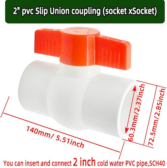 2Pack 2" PVC Ball Valve (Socket x Socket),Schedule 40, Cold Water Pipe Shut-off Valve Socket for Water Supply Lines, Garden Irrigation & Pipe Fitting Systems,Red T-Handle.