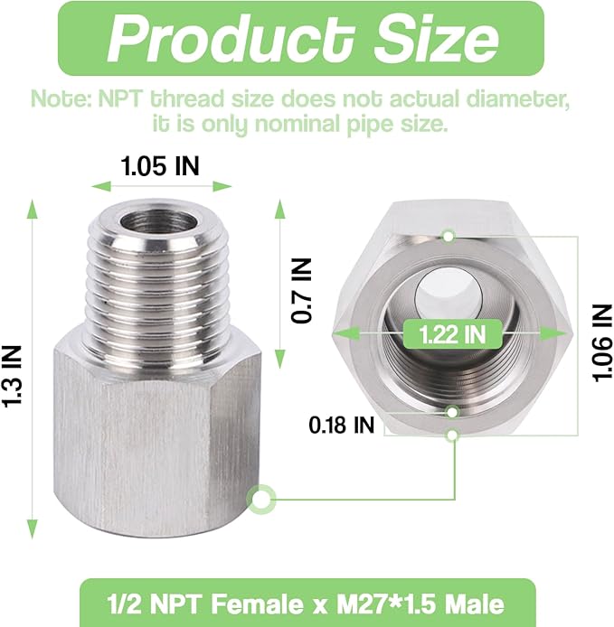 Stainless Steel 304 1/2" NPT Female x M27*1.5 Male Thread Adapter Metric Convert NPT Pipe Fiiting 1pc