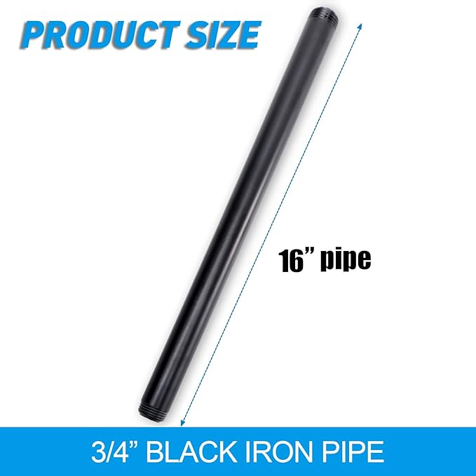 3/4" x 16" Black Painted Iron Pipe, Home TZH 10 Pack Threaded Black Paint Finish Metal Pipe Nipple for DIY Project/Furniture/Shelving Decoration(10, 16")