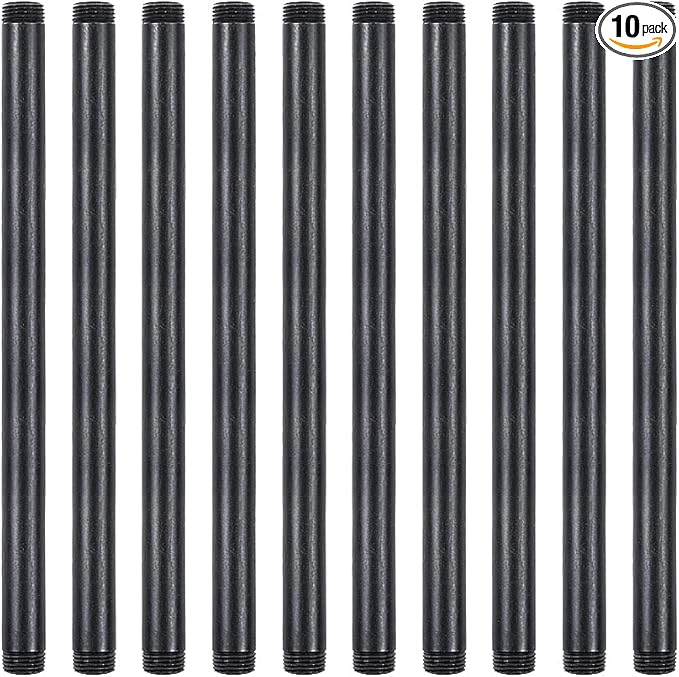 10 Pack 1/2 Inches x 12 Inches Black Malleable Steel Nipples Fitting, DIY Steampunk Industrial Vintage Style.