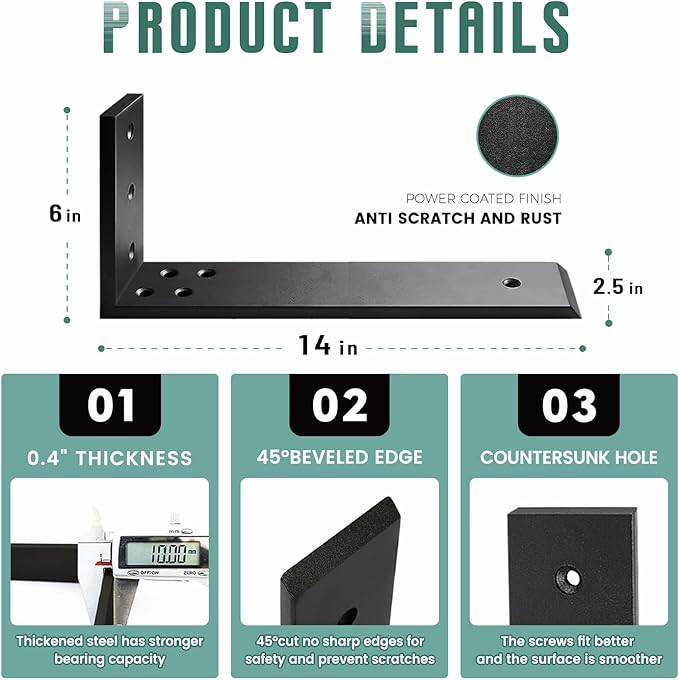 Countertop Support Brackets 2 Pack L Bracket Countertop Brackets 14" x 6" x 2.5" Heavy Duty 3/8" Thick Shelf Brackets Metal Corbels L Shape Bracket for Wood Shelf/Quartz/Granite/Concret Countertops