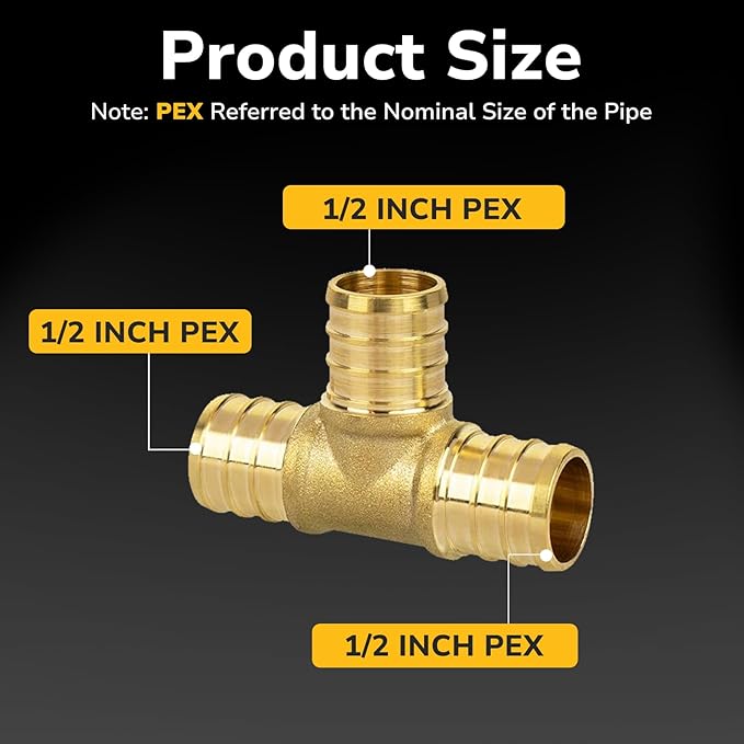 1/2" PEX Tee, PEX Fittings, Heavy-Duty Brass Crimp Fittings for PEX Pipes with Leak-Resistant Construction, NSF & UPC Certified, 5 Pack