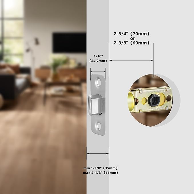Satin Nickel Adjustable Door Latch 60 or 70mm, 45° Turning Angle, Door Lock Replacement Parts with Door Strike Plate, Wood Dowel, Dust-Boxes