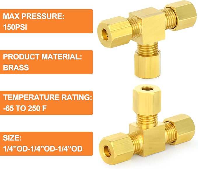GASHER 5PCS Brass Compression Tube Pipe Fitting Connector, Tee，3/16" x 3/16" x 3/16" Tube OD Connector
