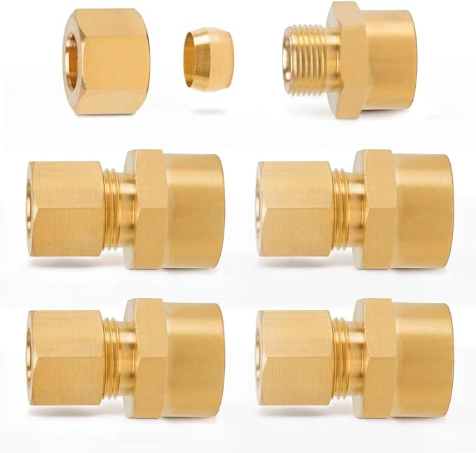 ChillWaves Brass Compression Tube Fitting, 1/2" OD x 1/2" NPT Female Compression Union Connector(5-PACK)
