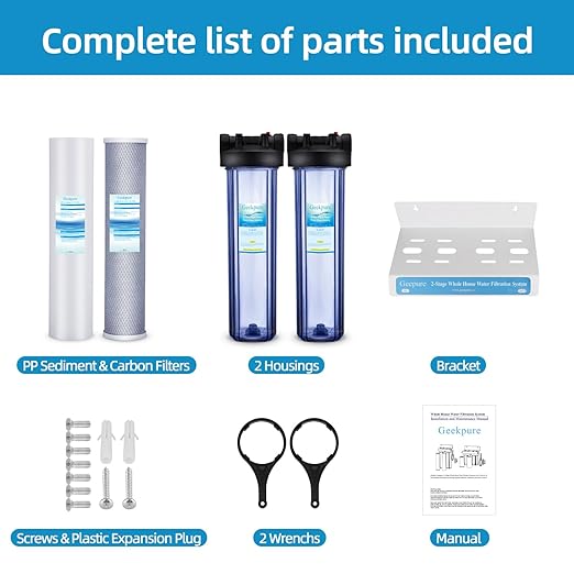 Geekpure 3 Stage Whole House Water Filter System with 20-Inch Clear Housing 4.5" x 20" 5 Micron 1 Inch NPT Brass Port-Pack of 2