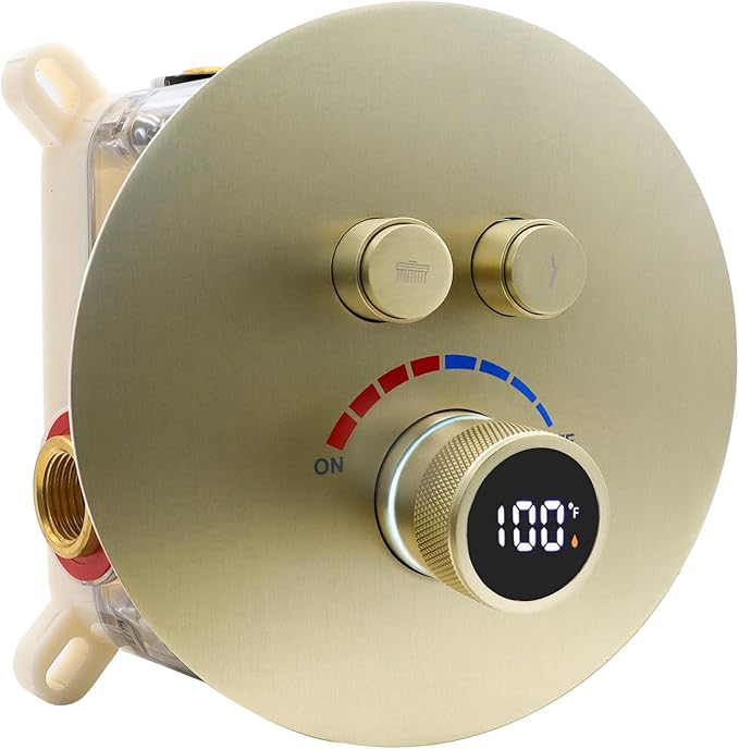 Round Digital Display Shower Valve 2 Way Shower Mixing Valve Concealed Installation Can Use All the Time Brushed Gold