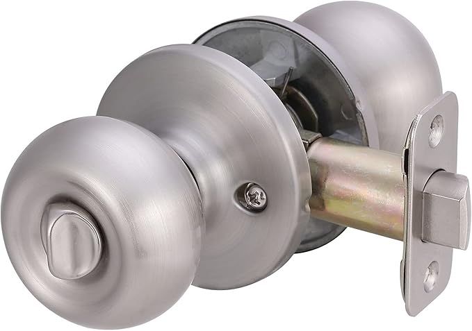 Amazon Basics Bedroom/Bathroom Door Knob With Lock, Coastal, 1-3/8” to 1-3/4”, Satin Nickel