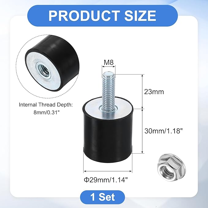 uxcell M8 Rubber Mounts, 1Pcs 30x30mm(DxH) Rubber Cylindrical Anti Vibration Isolator Shock Absorber with Lock Nut for Car Bobbin Generator Air Compressors