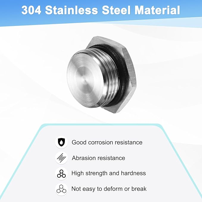 1-Pack Outer Hex Head Thread Pipe Plug Fitting, M27x2mm Male 304 Stainless Steel Solid Thread Bung Plug with Sealing Ring for Terminating Pipe Ends