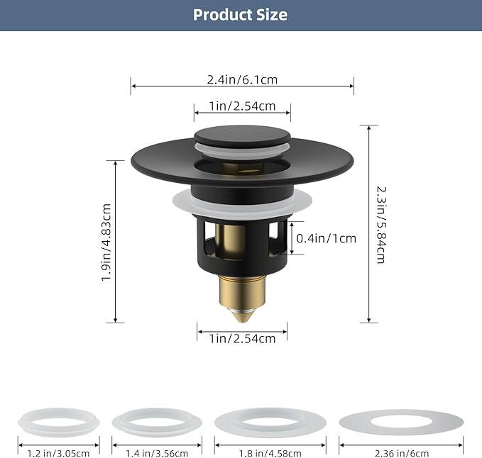 Hibbent All Metal Universal Bathroom Sink Stopper for 1.1''~2.3'' Basin, Pop Up Sink Drain Strainer, Brass Bullet Core Push Type Stopper, Stainless Steel Anti Clogging Drain Filter, Matte Black