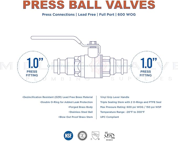 Midline Valve 1 Inch Press Ball Valve with Double-O-Ring, Full Port Press Ball Valve with 1" Connections, Brass Finish