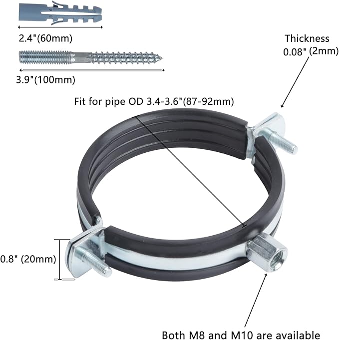 4 PCS Split Ring Pipe Hanger, Heavy Duty Adjustable Pipe Bracket Clamp with Screw & Expansion Tube, Wall Ceiling Mount Galvanized Iron Pipe Strap Supports Fit for Pipe OD 3.4-3.6 Inch(87-92mm)