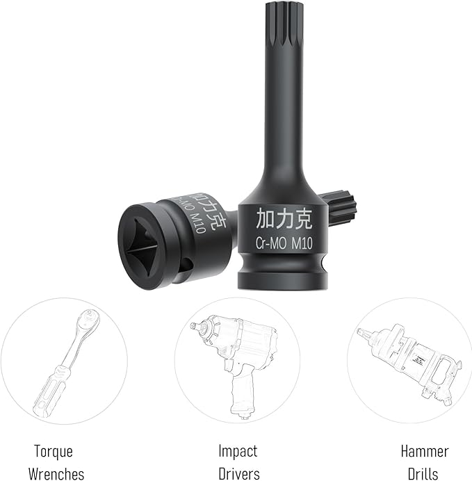 1/2-Inch Drive x M10(10mm） Impact XZN Triple Square Spline Bit Socket, Metric Lengthen Screwdriver Socket Adapter, 3-Inch Length, CR-MO Steel, One-Piece Construction, Black