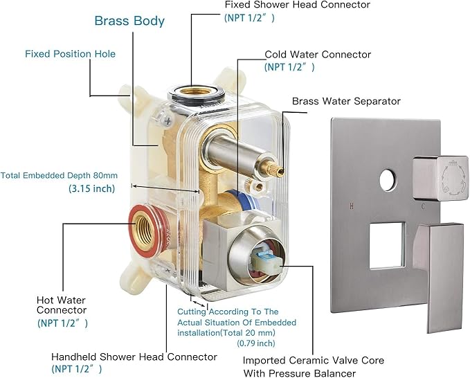 BWE 12 Inch Shower System Brushed Nickel with Waterfall Tub Spout Complete Set Square Luxury Rain Shower Faucet Set Pressure Balancing 3-Function Wall Mount Rough-in Valve Body and Trim Included
