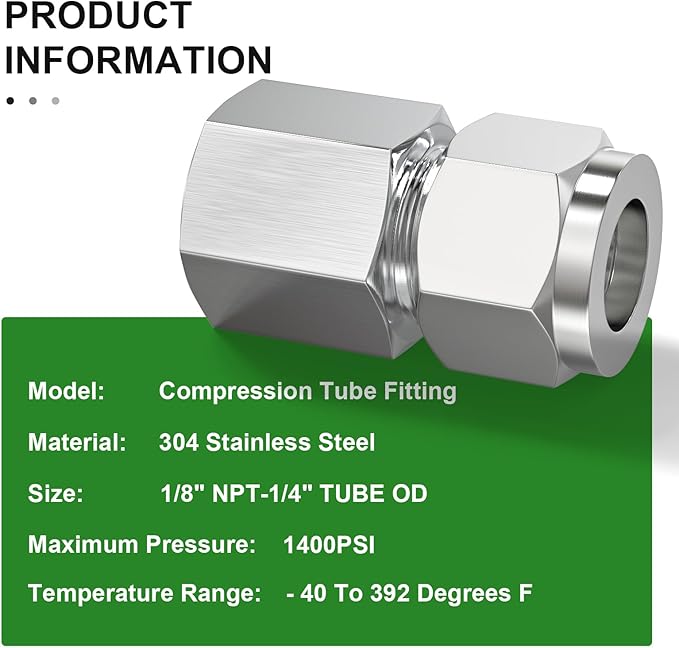 TAISHER 2PCS 304 Stainless Steel Compression Tube Pipe Fitting Connector, 1/4" Tube OD x 1/8" NPT Female Straight Adapter
