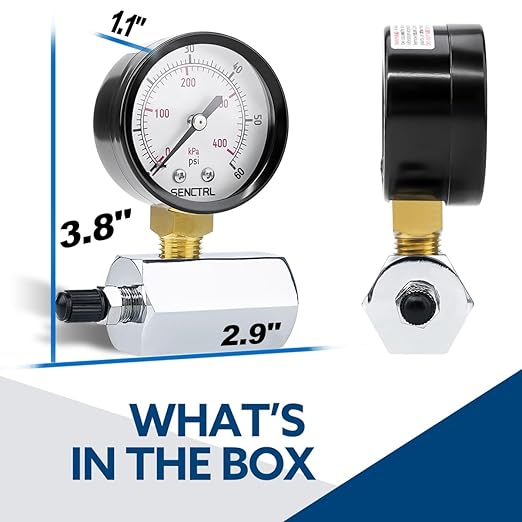 SENCTRL 0-60 Psi Gas Pressure Test Gauge, 2" Dial Size, 3/4" FNPT Connection, Brass Valve, Chrome Plated Steel Body Assembly