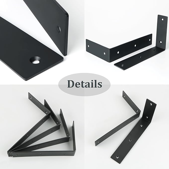 Alise Floating Shelf Brackets Heavy Duty L-Shaped Wall Brackets - Black Angle Corner Braces for Shelves, Stainless Steel Reinforced Shelf Support Bracket for Wooden Boards 9x5 Inch,Pack of 4
