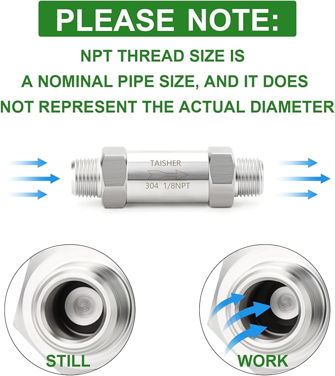 TAISHER 1PCS 304 Stainless Steel 1/8" NPT Male Check Valve,Backflow Prevention,One Way Non-Return Check Valves
