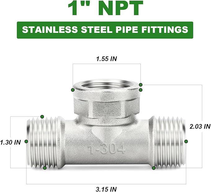 TAISHER 5PCS 304 Stainless Steel Tee Pipe Fittings, 1" NPT Male x 1" NPT Female x 1" NPT Male Pipe Fittings, Female Branch Tee