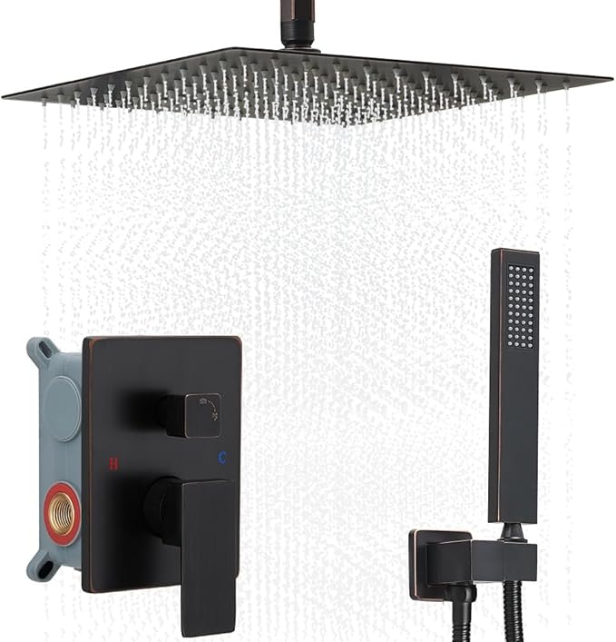 12 Inch Ceiling Mount Oil Rubbed Bronze Shower System Bathroom Luxury Rain Mixer Shower Combo Set Ceiling Rainfall Shower Head System (Contain Shower Faucet Rough-in Valve Body and Trim Kit)