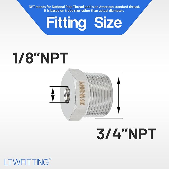 LTWFITTING Bar Production Stainless Steel 316 Pipe Hex Bushing Reducer Fittings 3/4" Male x 1/8" Female NPT Fuel Water Boat (Pack of 100)