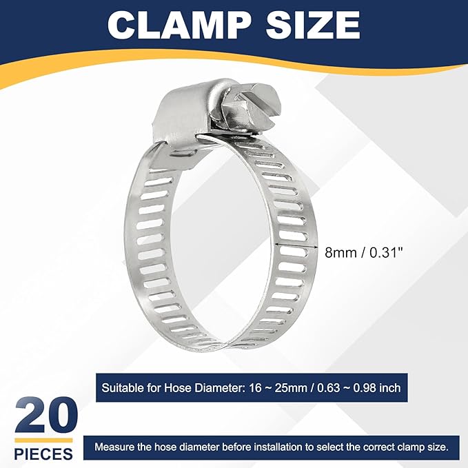 PATIKIL 20 Pcs Adjustable Hose Clamps,5/8"-1" (16mm-25mm) 304 Stainless Steel Worm Gear Drive Duct Pipe Clamp for Plumbing Automotive Mechanical Hose Connections, Silver