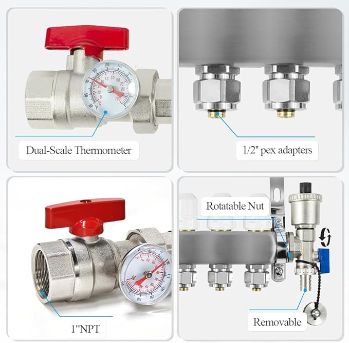 AB 7 Loop PEX/Radiant Manifold, PEX Tubing Radiant Heat Manifolds with 1/2'' Compatible Outlets, for Hydronic Radiant Floor Heating (1/2'' Adapters Included)