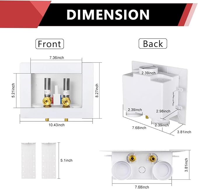 EFIELD Two Drain Washing Machine Outlet Box, 1/2-inch Barb Crimp Pex F1807, Single Control Valve, Stainless Steel Water Hammer Arrestor,(WM017)