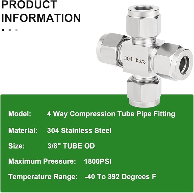 TAISHER 1PCS 304 Stainless Steel 4 Way Compression Tube Pipe Fitting Connector, 3/8" x 3/8" x 3/8" x 3/8" Tube OD Adapter