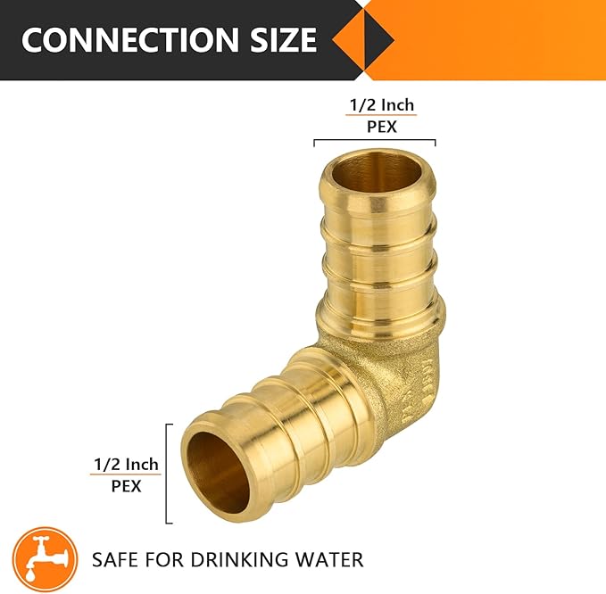 HeSun 100-Pack PEX Fittings, 1/2"x1/2" Pex Elbow, Brass Crimp Fitting for Pex Pipes, ASTM F1807