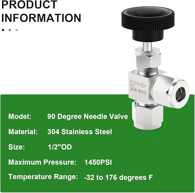 TAISHER 1PCS 304 Stainless Steel Compression Tube Square 90 Degree Needle Valve 1/2"" Tube OD x 1/2"" Tube OD For Flow Control Water Gas Oil, Silver