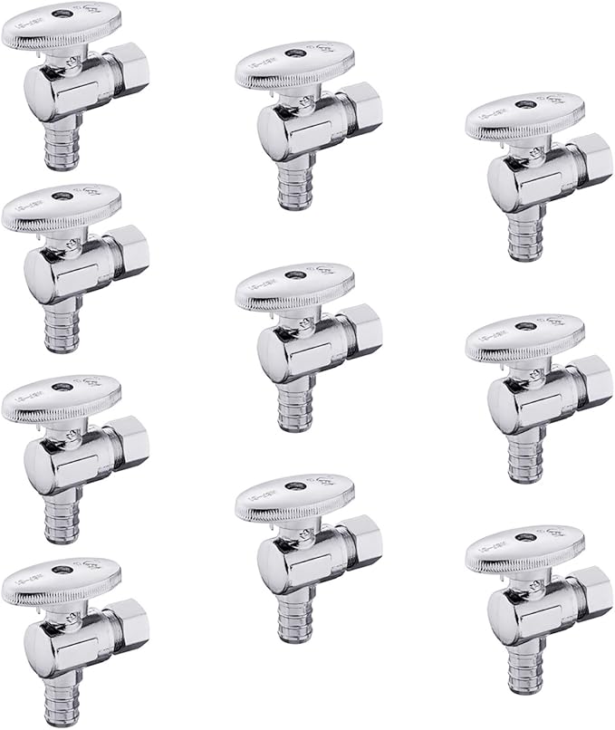 10-Pack EFIELD Shut off Valve 1/4 Turn Angle Stop Valve 3/8" OD Compression X 1/2" Pex Chrome Plated Brass,(VALVE076-10PCS)