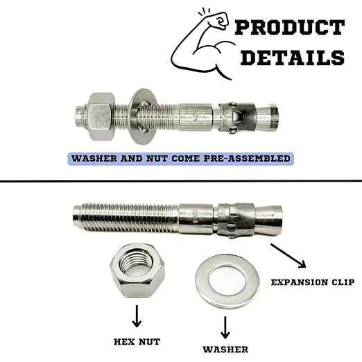 Wedge Anchors – Heavy-Duty 304 Stainless Steel Expansion Bolts for Concrete & Masonry, Rust-Resistant & Durable - 7/8" X 6" - 5 Pack