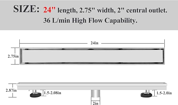 Linear Shower Drain 24 Inch, Brushed Floor Drain with Removable SUS304 Stainless Steel CUPC Certificate and 2-in-1 Tile Insert Grate Cover