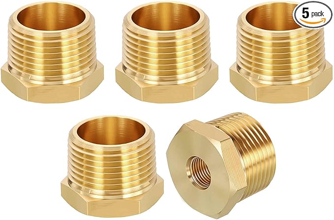 5 Pack Brass Pipe Fittings, 3/4" NPT Male to 1/8" NPT FeMale Brass Hex Bushing Reducer, Hose Tube Threaded Adapter for Air, Oil, LP