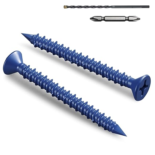 35Pcs 1/4 x 2-3/4 Inch Concrete Screws Anchor with Drill Bit, Blue Flat Head Masonry Brick Stucco Cement Block Screws, Diamond Point