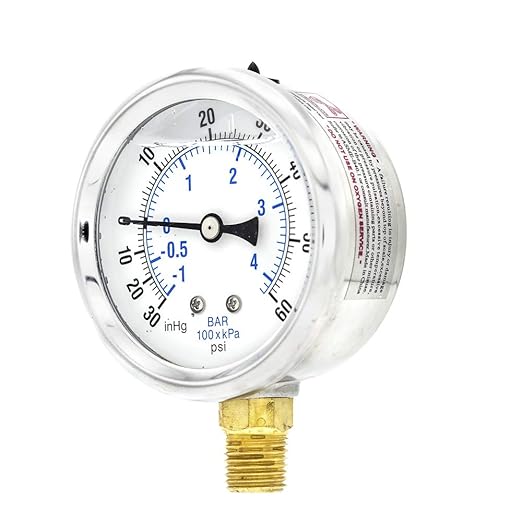 PIC Gauges PRO-201L-254CD 30-0-60 PSI Pressure Gauge, 2 1/2" Dial, 1/4" Male NPT Connection, Bottom Mount, Dual Scale, Glycerin Filled, Stainless Steel Case/Bezel, Brass Internals & Plastic Lens