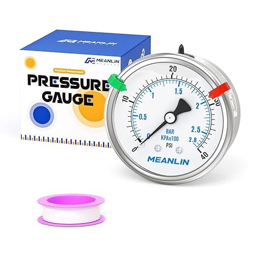 MEANLIN MEASURE 0~40Psi Liquid Filled Pressure Gauge Stainless Steel 2.5" FACE DIAL 1/4" NPT 316 Stainless Steel Joint for Pool Sand Filter Water Oil Air Pressure Test Back Mount, with 2PCS Snaps